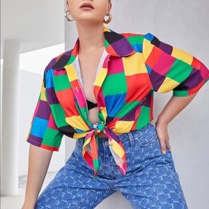 Plus Patchwork Colorblock Button Up Blouse
